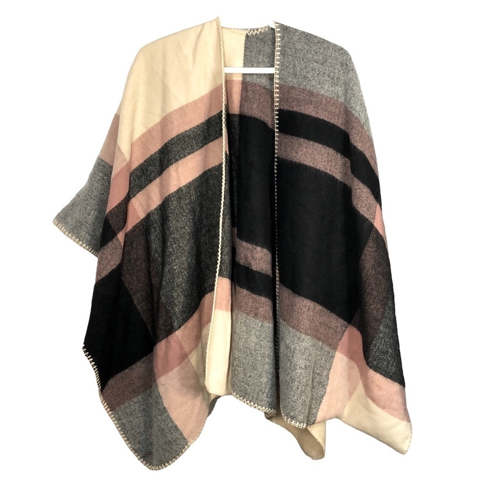 Pink Black Cream & Grey Plaid Soft & Cozy Ruana Poncho Cardigan Open Fro…​